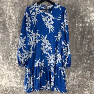 Alexis Size XL Floral Print Tropical Vacation Keyhole Fit Flared Mini Dress Blue